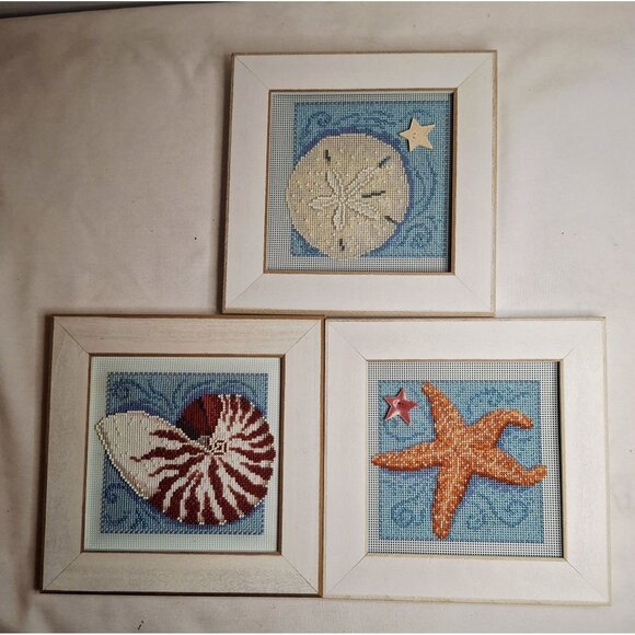 Mill Hill Set Of 3 Framed Coastal-Themed beading Needlepoint Art With Seashell S - Picture 9 of 10